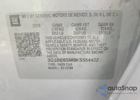 2019 Chevrolet Cruze Lt z USA, uszkodzony, nr VIN 3G1BE6SM8KS554422
